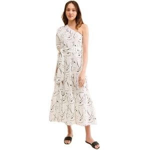 Anthropologie Little Lies Lily One Shoulder Tiered Linen Abstract MidiDress Sz:S
